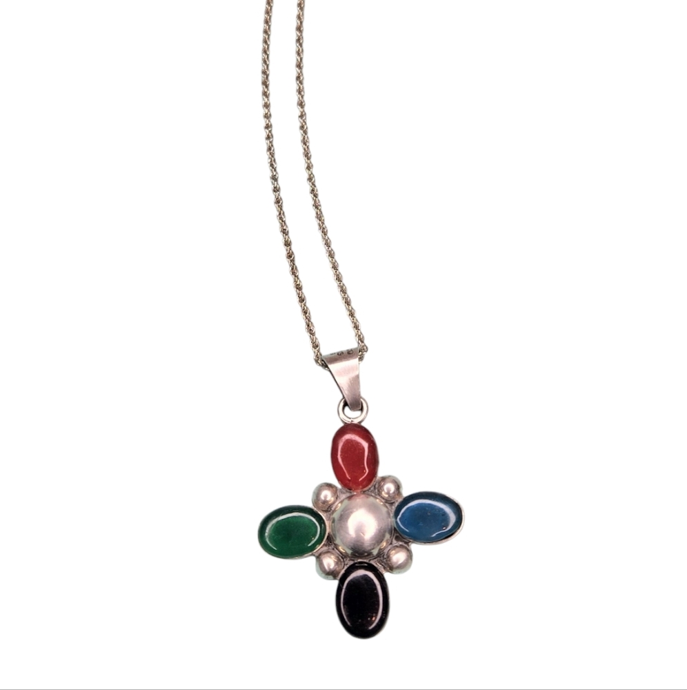 Vtg Sterling Silver 925 Gem Stone Cross Pendant Crafted Mexico Signed